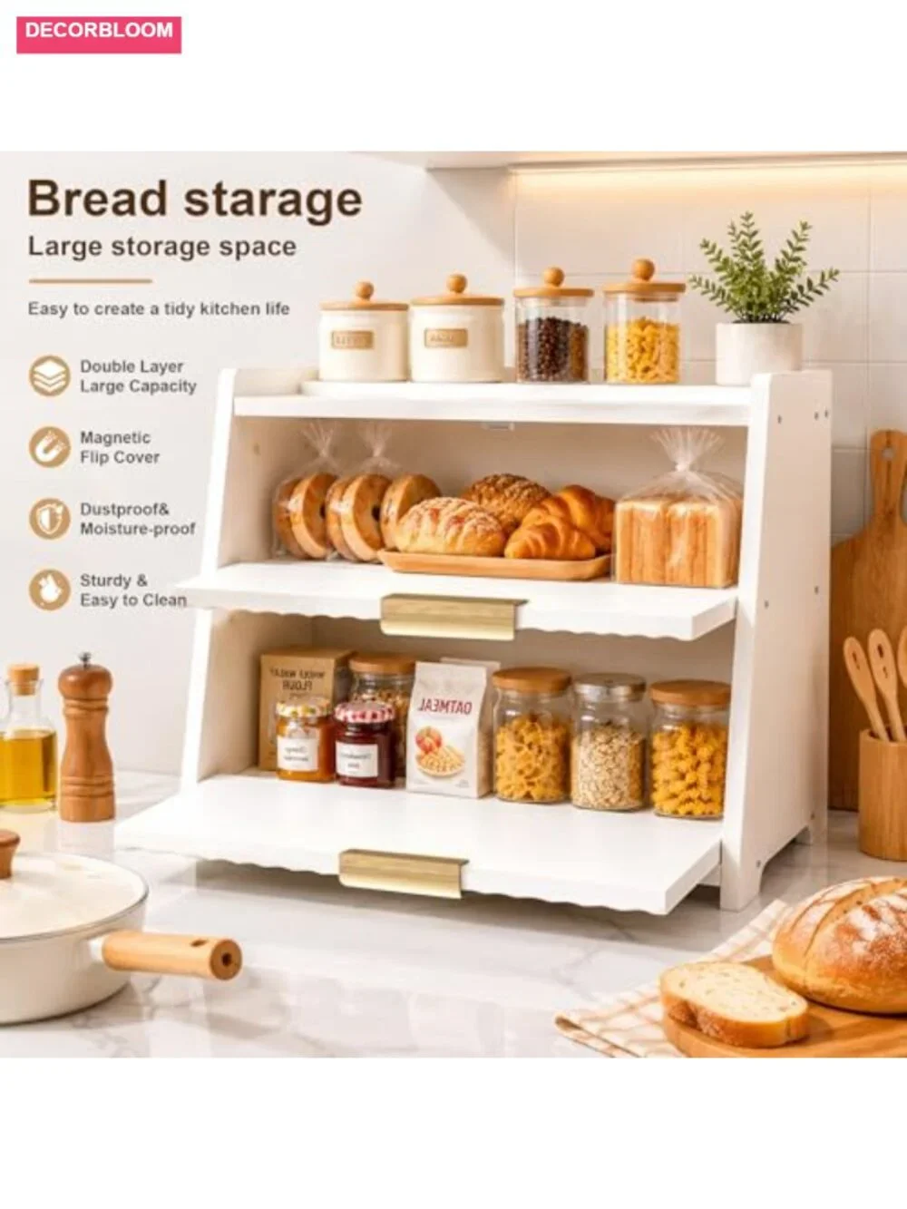 Large Double Layer Wooden Bread Box with Gold Handle, Farmhouse Kitchen